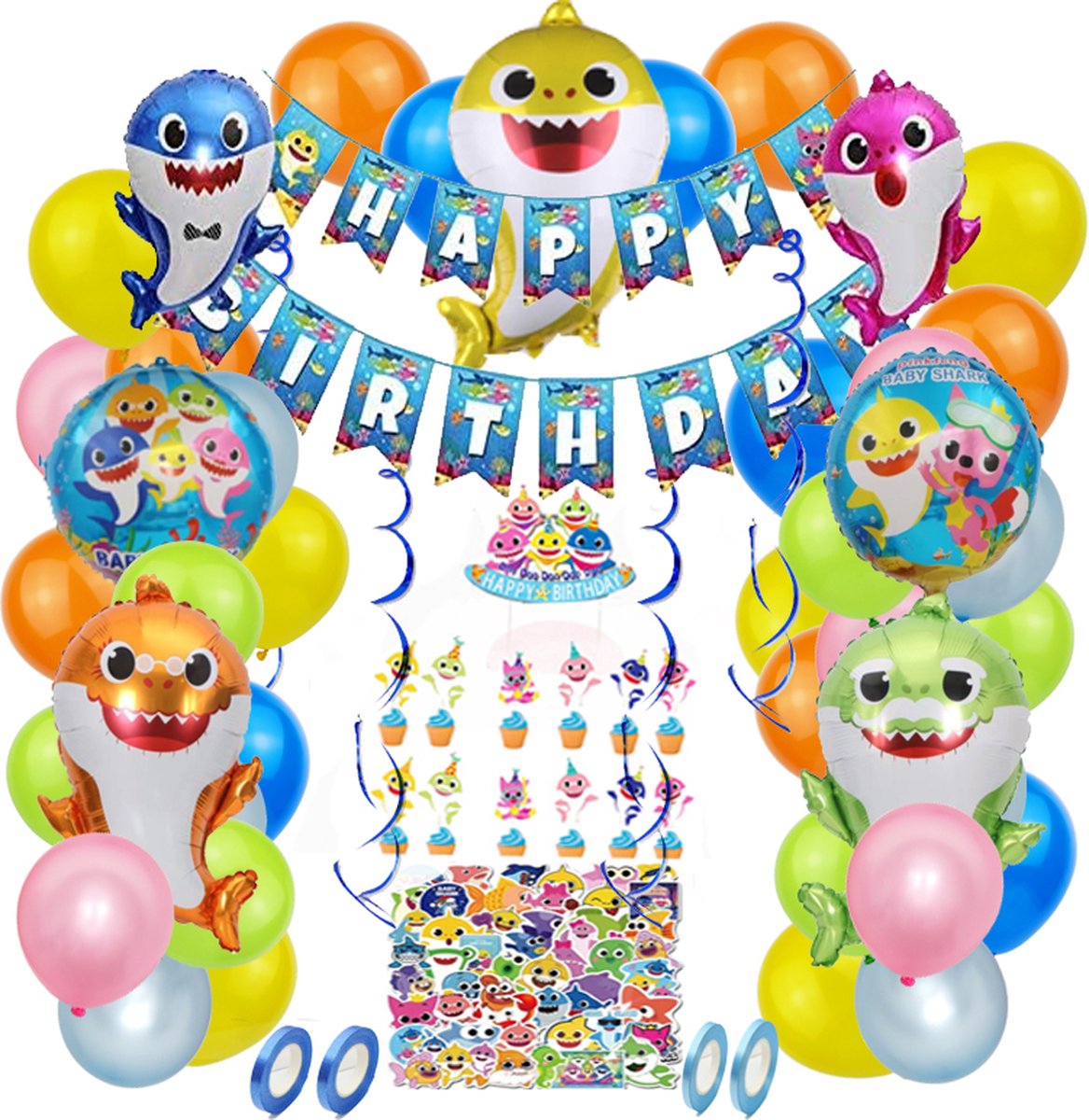 Joya Party® Shark Kinder Verjaardag Versiering 128 stuks | Baby Haai Themafeest Decoratie | Inclusief Feest Ballonnen, Slingers, Toppers & Accessoires | Kinderfeest Versiering